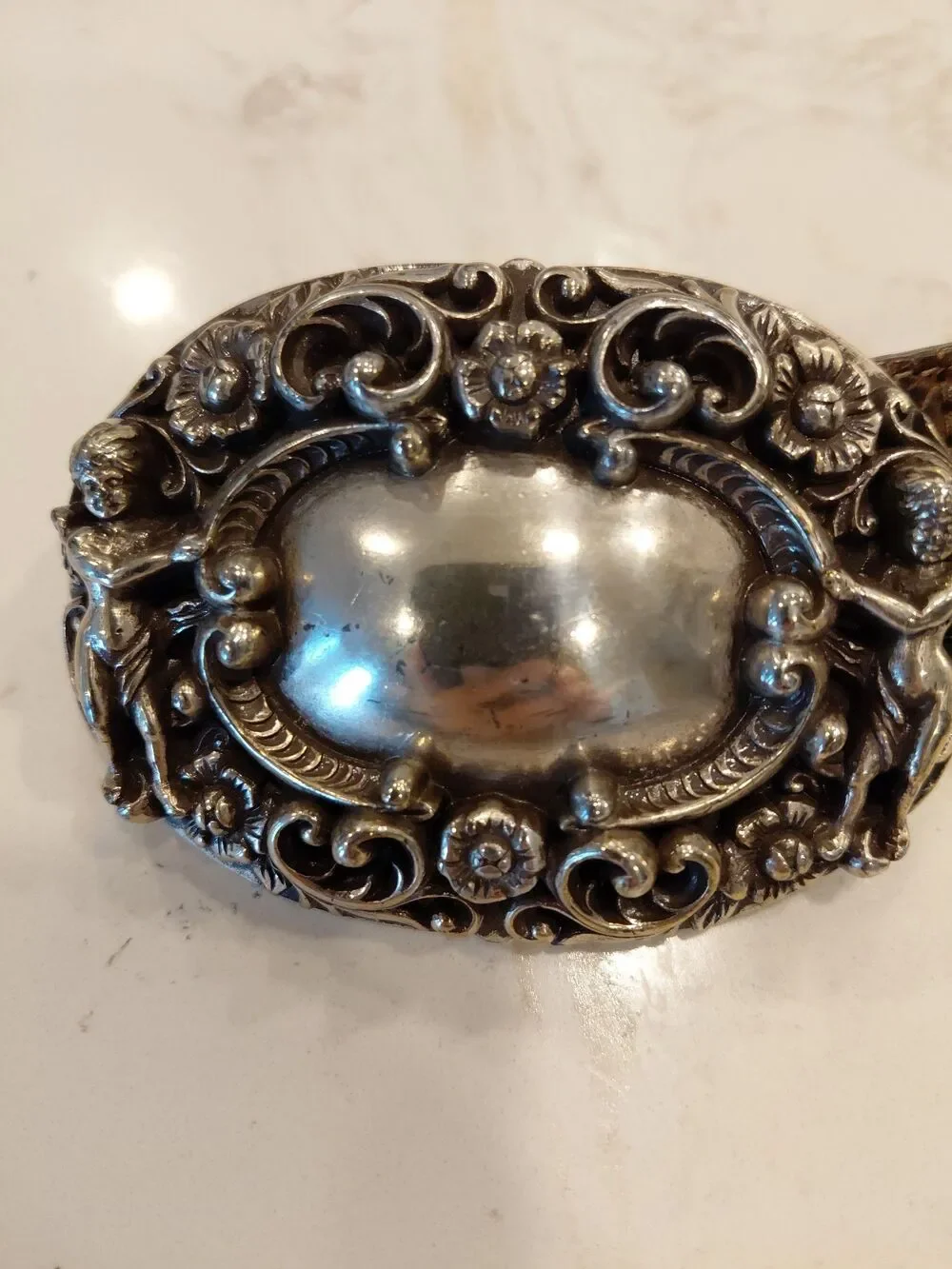 Brighton Ornate Silver Tone Belt Buckle with Brown Leather Belt